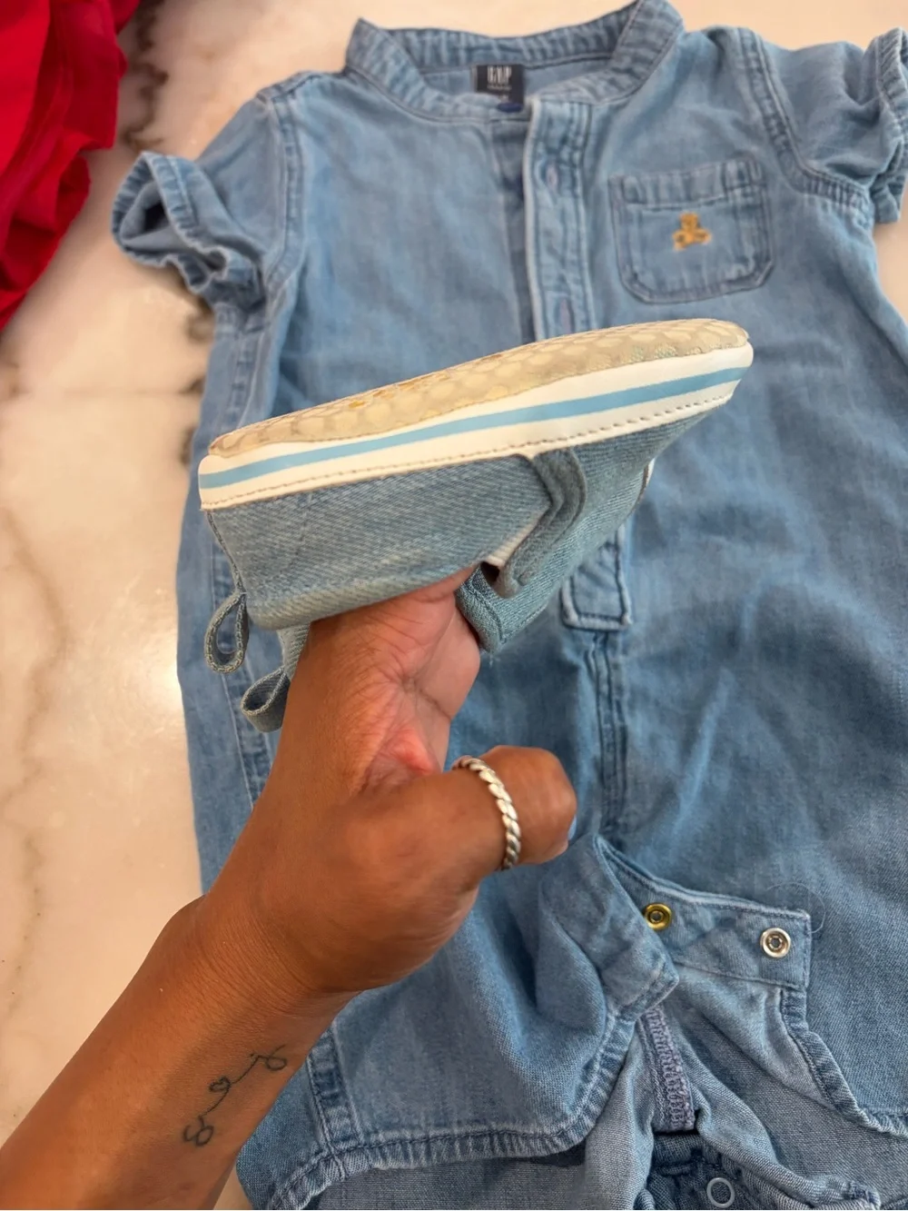 GAP Light Blue Denim Baby Romper with Ruffle Sleeves